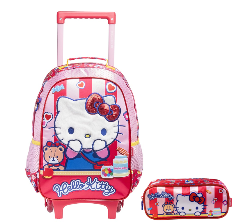 Kit Mochila de Rodinhas Escolar e Estojo Duplo da Hello Kitty