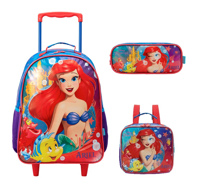 Kit Mochila de Rodinhas Escolar +Estojo duplo + Lancheira da Princesa Disney Ariel Metálica