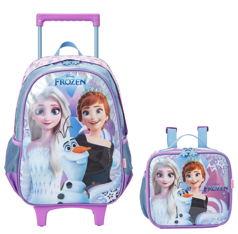 Kit Mochila de Rodinhas Escolar + Lancheira da Disney Frozen Holográfico Tam. 14