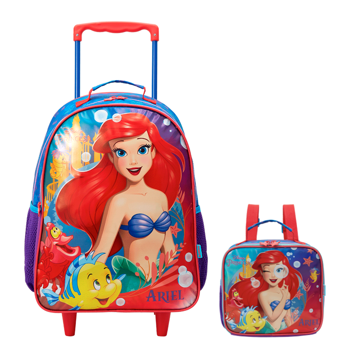 Kit Mochila de Rodinhas Escolar + Lancheira da Princesa Disney Ariel Metálica