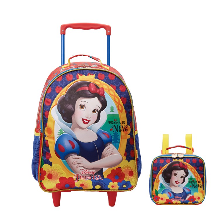 Kit Mochila de Rodinhas Escolar + Lancheira Princesa da Disney Branca de Neve