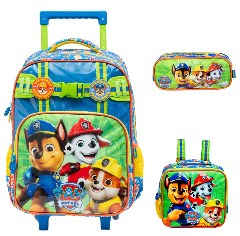 Kit Mochila de Rodinhas Escolar S1 Tam.16 + Lancheira + Estojo Duplo da Patrulha Canina