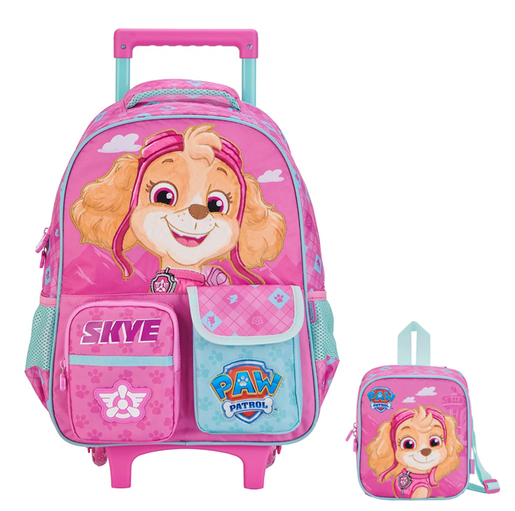 Kit Mochila de Rodinhas Escolar Tam.16 + Lancheira da Patrulha Canina Skye
