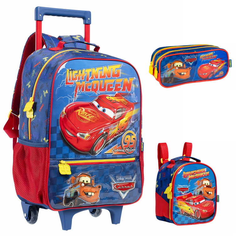Kit Mochila de Rodinhas Escolar Tam.16 + Lancheira Térmica + Estojo Duplo do Relâmpago McQueen