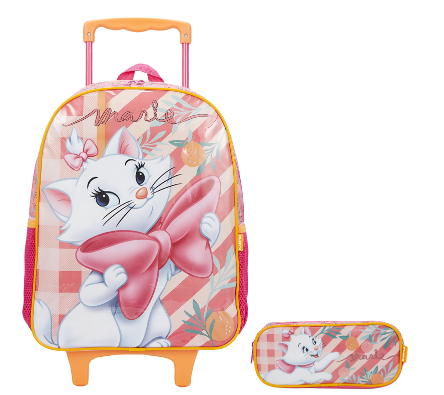 Kit Mochila de Rodinhas + Estojo simples Escolar da Gatinha Marie