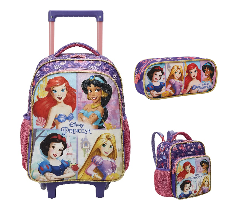 Kit Mochila de Rodinhas + Estojo Triplo Escolar + Lancheira Princesas da Disney Glitter