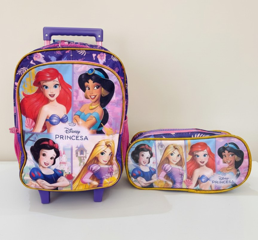 Kit Mochila de Rodinhas + Estojo Triplo Escolar Princesas da Disney Glitter