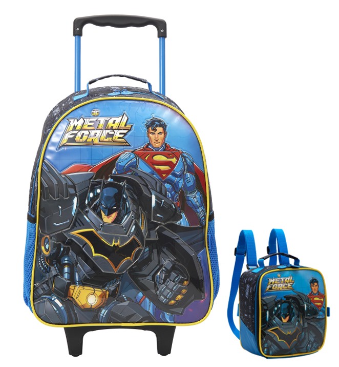Kit Mochila de Rodinhas + Lancheira Escolar Liga da Justiça Metal Force