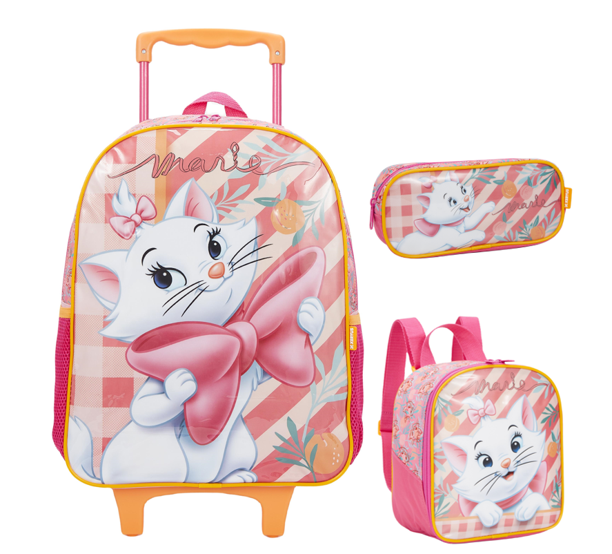 Kit Mochila de Rodinhas + Lancheira + Estojo simples Escolar da Gatinha Marie