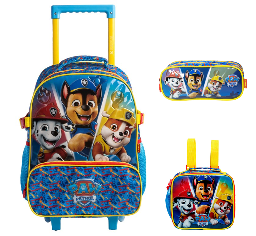 Kit Mochila de Rodinhas Tam.16 + Lancheira Térmica e Estojo Duplo Escolar da Patrulha Canina S2