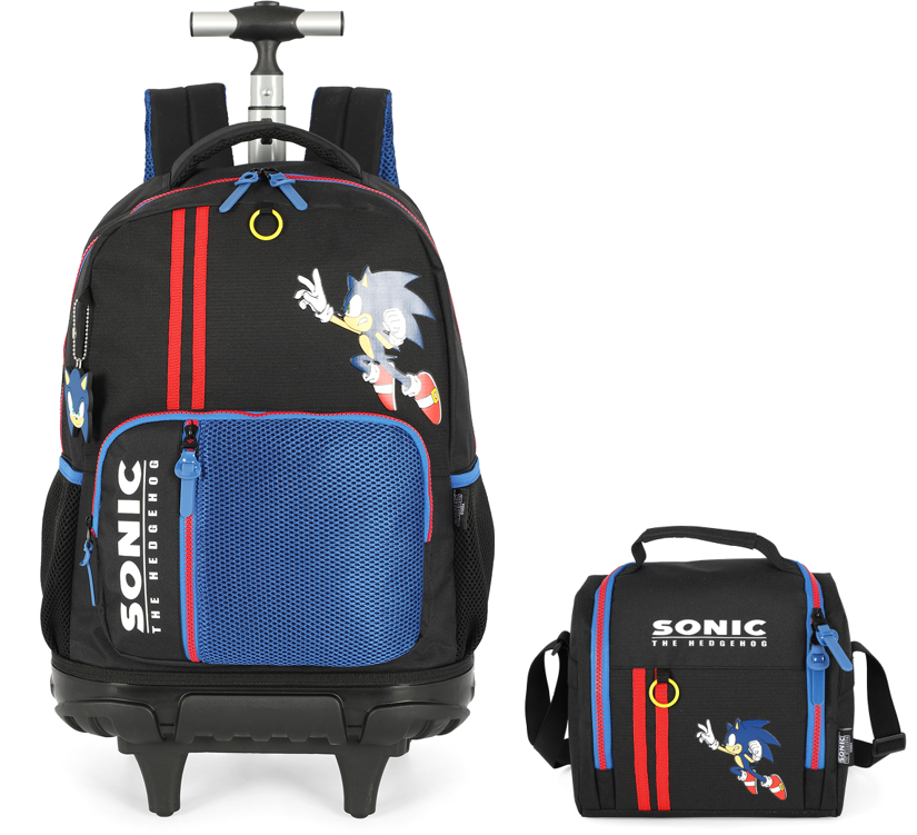Kit Mochila Escolar Costa C/ Rodinha Tam. 16 + Lancheira Térmica do Sonic Hedgehog Juvenil Preto e Azul