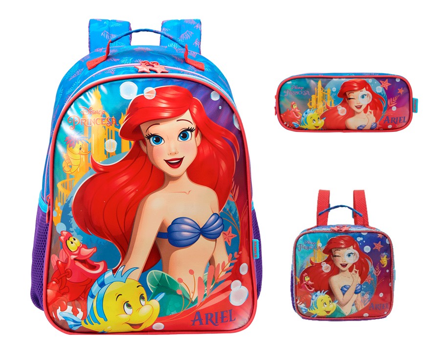 Kit Mochila Escolar + Estojo duplo + Lancheira da Princesa Disney Ariel Metálica
