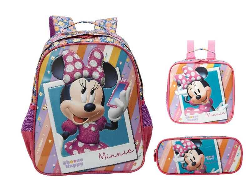 Kit Mochila Escolar + Estojo Duplo + Lancheira Minnie no Celular