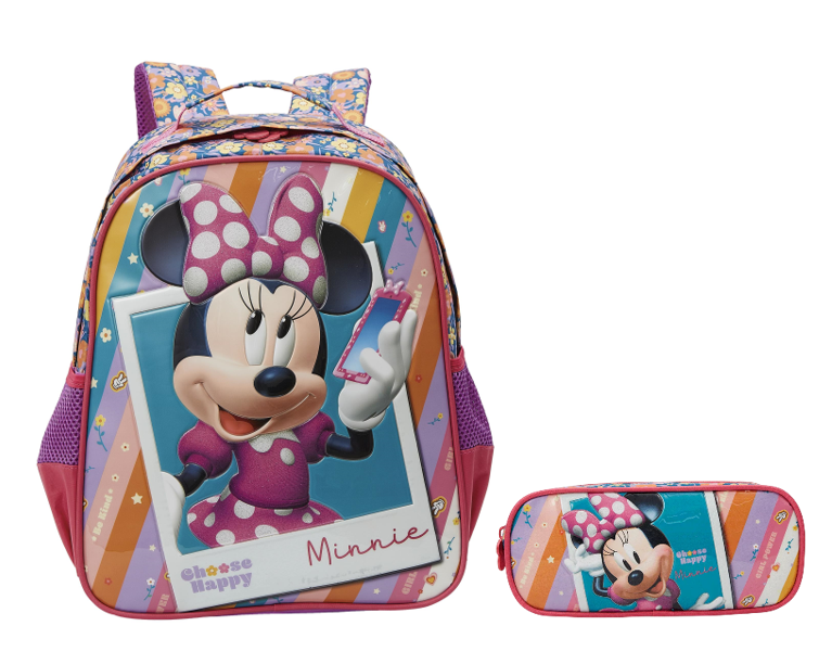 Kit Mochila Escolar + Estojo Duplo Minnie no Celular