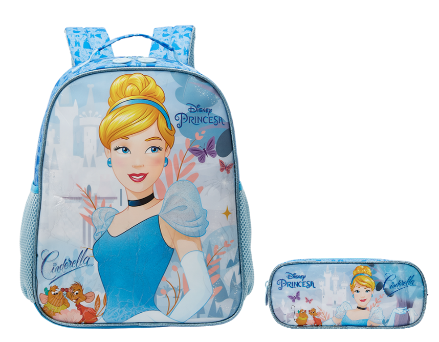 Kit Mochila Escolar + Estojo simples da Princesa Disney Cinderela Azul