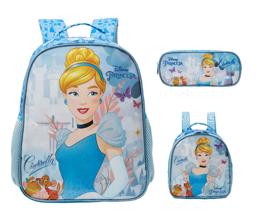 Kit Mochila Escolar + Estojo simples + Lancheira da Princesa Disney Cinderela Azul