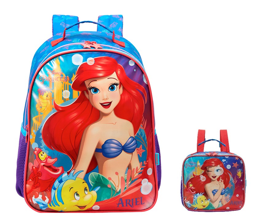Kit Mochila Escolar + Lancheira da Princesa Disney Ariel Metálica