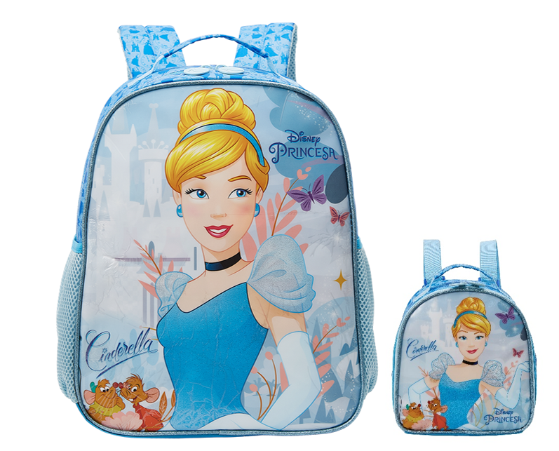 Kit Mochila Escolar + Lancheira da Princesa Disney Cinderela Azul