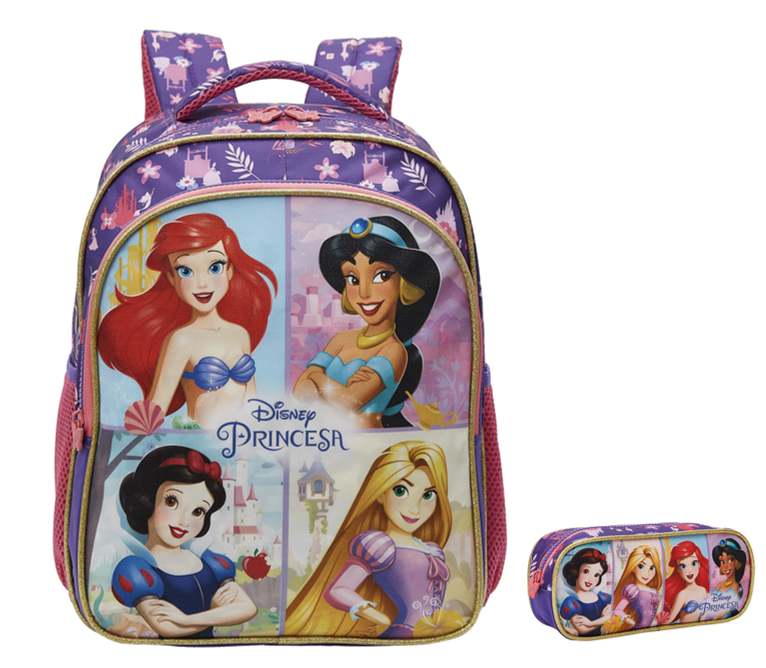 Kit Mochila + Estojo triplo Escolar Princesas da Disney Glitter