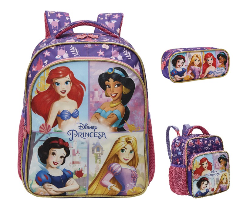 Kit Mochila + Estojo triplo + Lâncheira Escolar Princesas da Disney Glitter