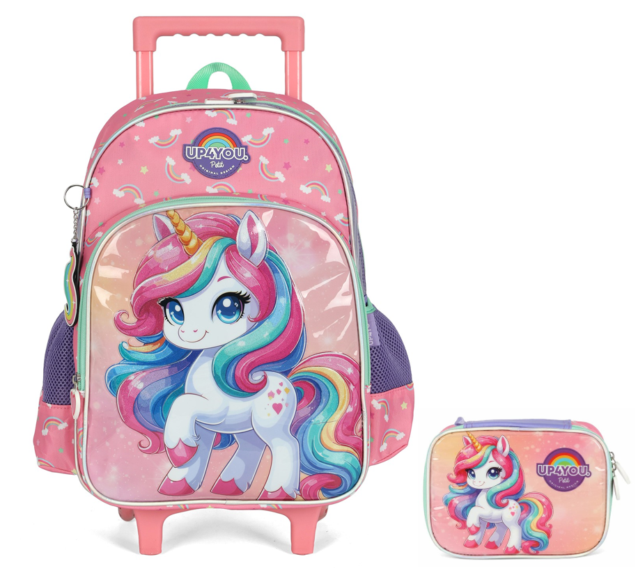 Kit Mochila Infantil C/ Rodinhas + Estojo Box Unicórnio Colorida Up4you