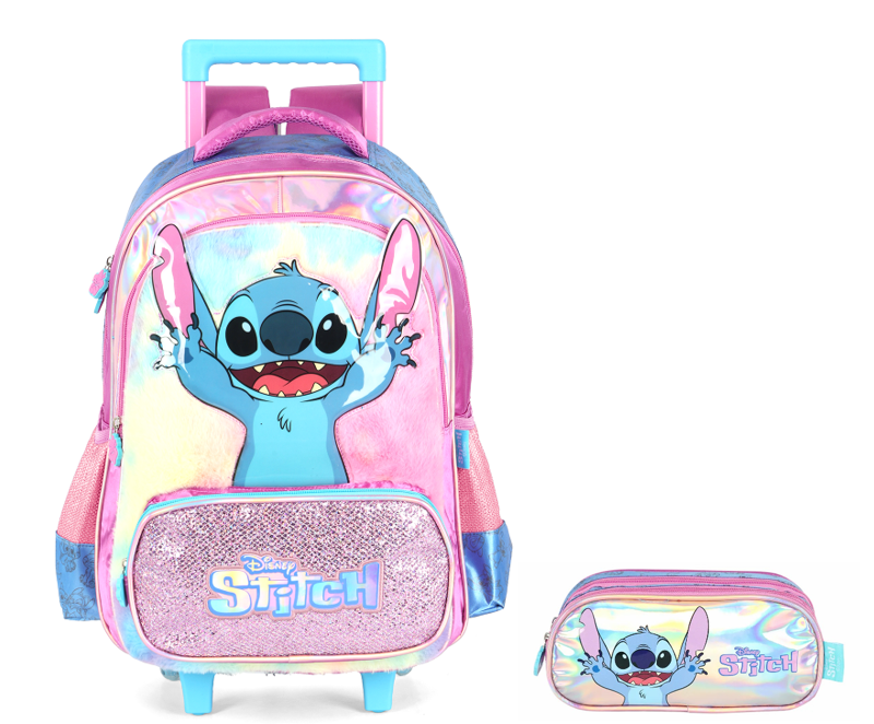 Kit Mochila Infantil C/ Rodinhas + Estojo Triplo da Lilo Stitch e Angel Roxa