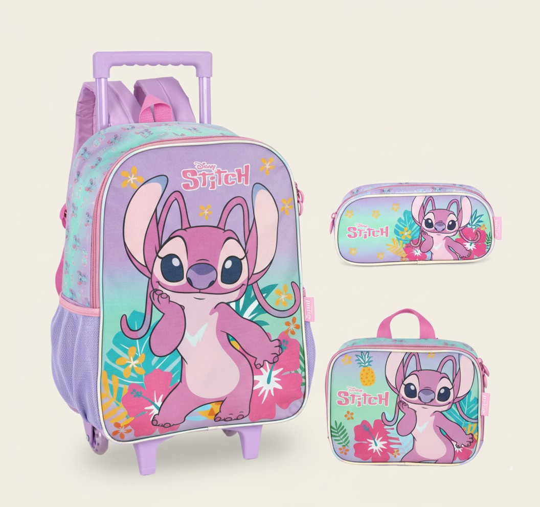 Kit Mochila Infantil C/ Rodinhas Lilás Tam. 16 + Lancheira Térmica + Estojo Simples Angel e Stitch