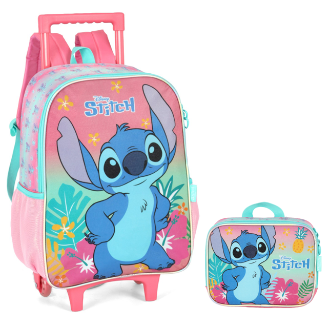 Kit Mochila Infantil C/ Rodinhas Tam. 16 + Lancheira Térmica Lilo e Stitch