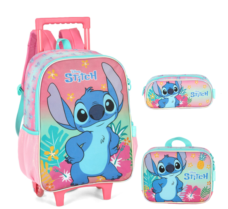 Kit Mochila Infantil C/ Rodinhas Tam. 16 + Lancheira Térmica + Estojo Simples Lilo e Stitch