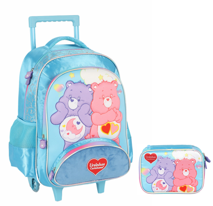 Kit Mochila Infantil c/ Rodinhas Tam.16 + Estojo Box dos Ursinhos Carinhosos Azul