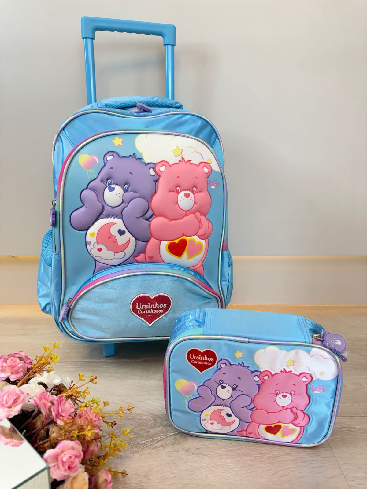 Kit  Mochila Infantil c/ Rodinhas Tam.16 + Estojo Box dos Ursinhos Carinhosos Azul