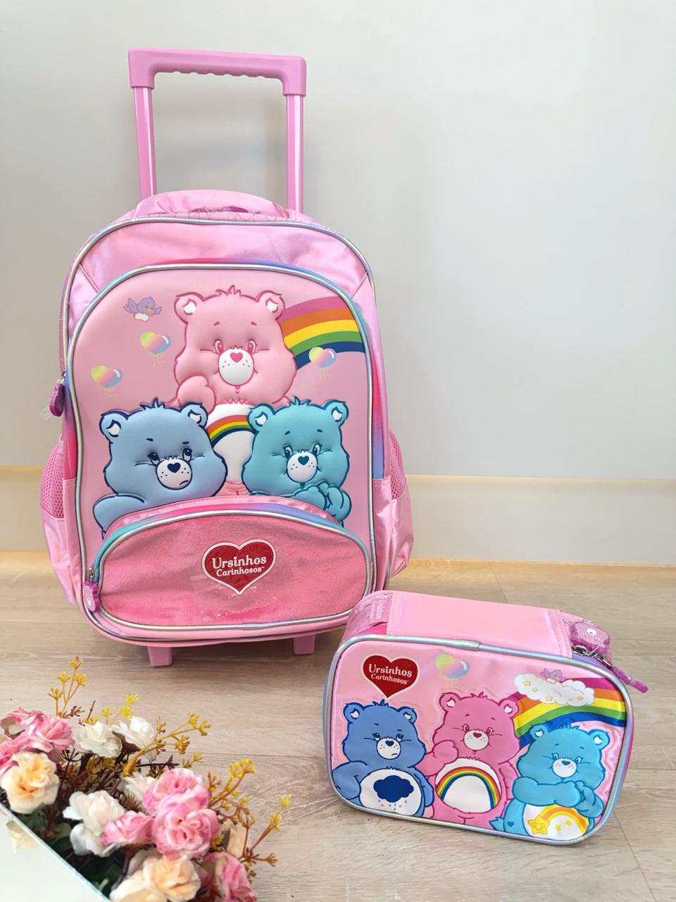 Kit Mochila Infantil c/ Rodinhas Tam. 16 + Estojo Box dos Ursinhos Carinhosos Rosa