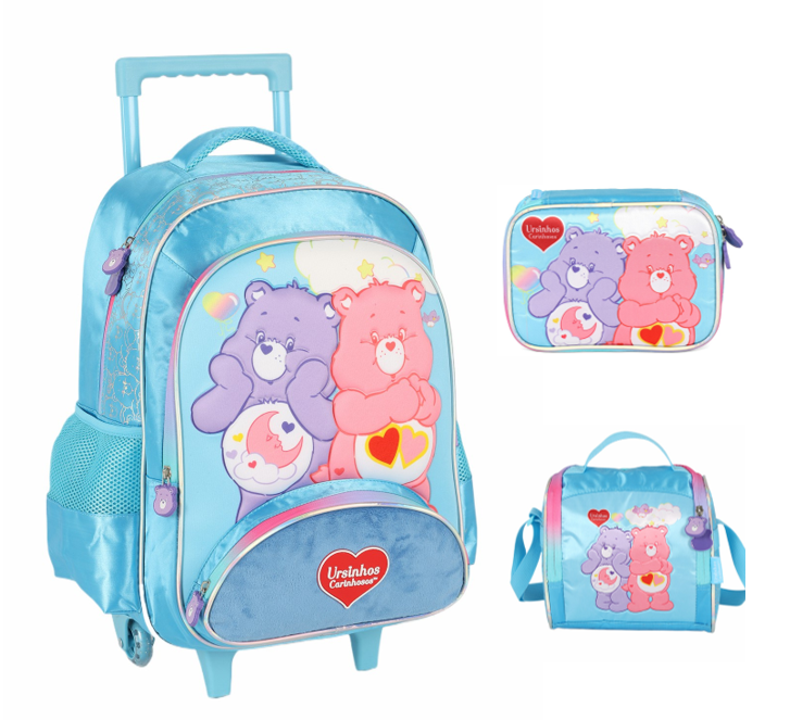 Kit Mochila Infantil Tam. 16 + Estojo Box + Lancheira Térmica Ursinhos Carinhosos Azul