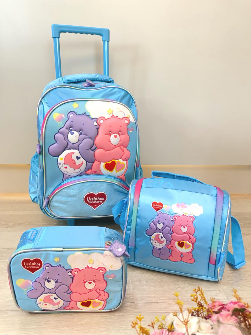 Kit Mochila Infantil Tam. 16 + Estojo Box + Lancheira Térmica Ursinhos Carinhosos Azul