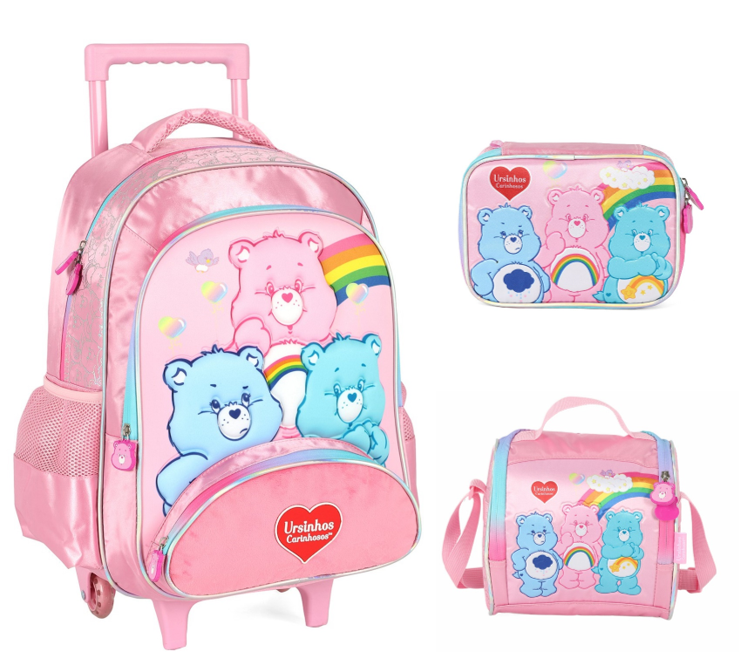 Kit  Mochila Infantil Tam. 16 + Estojo Box + Lancheira dos Ursinhos Carinhosos Rosa
