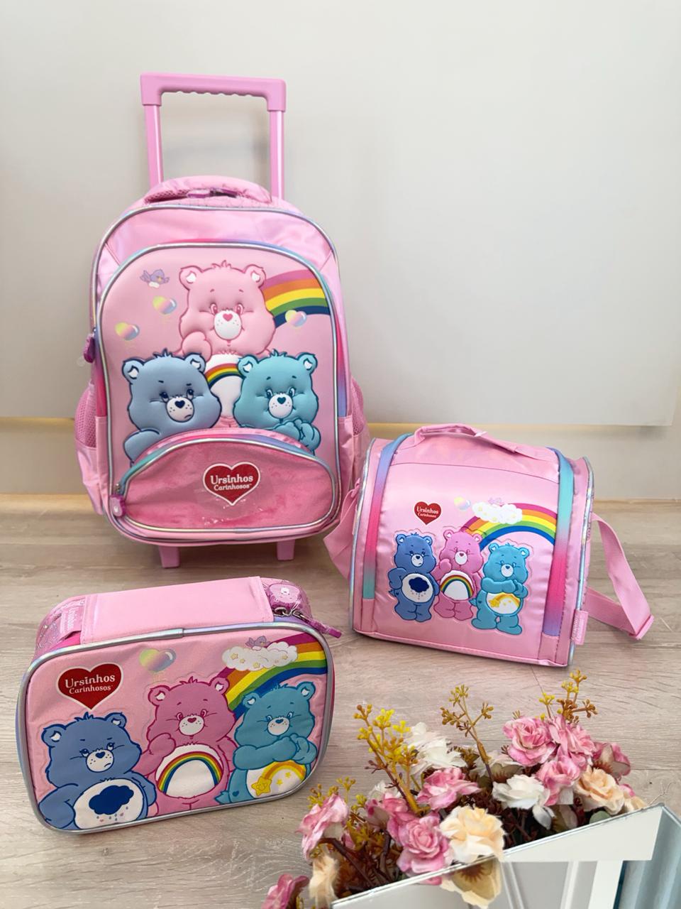 Kit  Mochila Infantil Tam.16 + Estojo Box + Lancheira dos Ursinhos Carinhosos Rosa