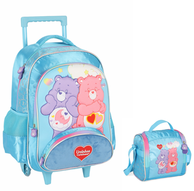 Kit Mochila Infantil c/ Rodinhas Tam. 16 + Lancheira Térmica Ursinhos Carinhosos Azul