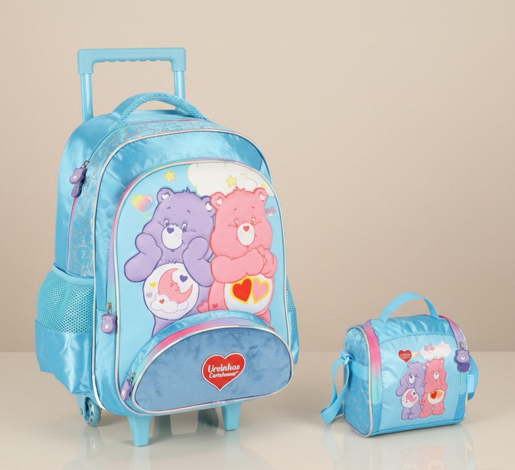 Kit Mochila Infantil c/ Rodinhas Tam. 16 + Lancheira Térmica Ursinhos Carinhosos Azul