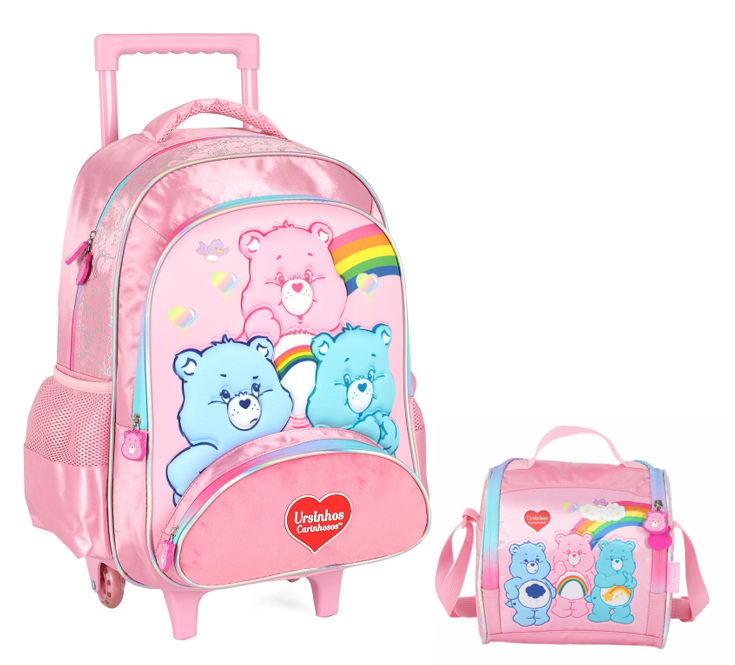 Kit Mochila Infantil c/ Rodinhas Tam. 16 + Lancheira Térmica dos Ursinhos Carinhosos Rosa
