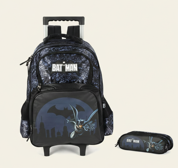 Kit Mochila Infantil Com Rodinhas e Estojo Triplo do Batman Preta e Azul