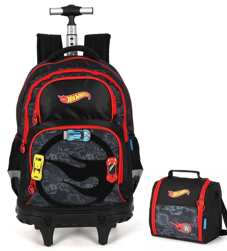 Kit Mochila Infantil Com Rodinhas e Lancheira Térmica do Hotwheels Preto