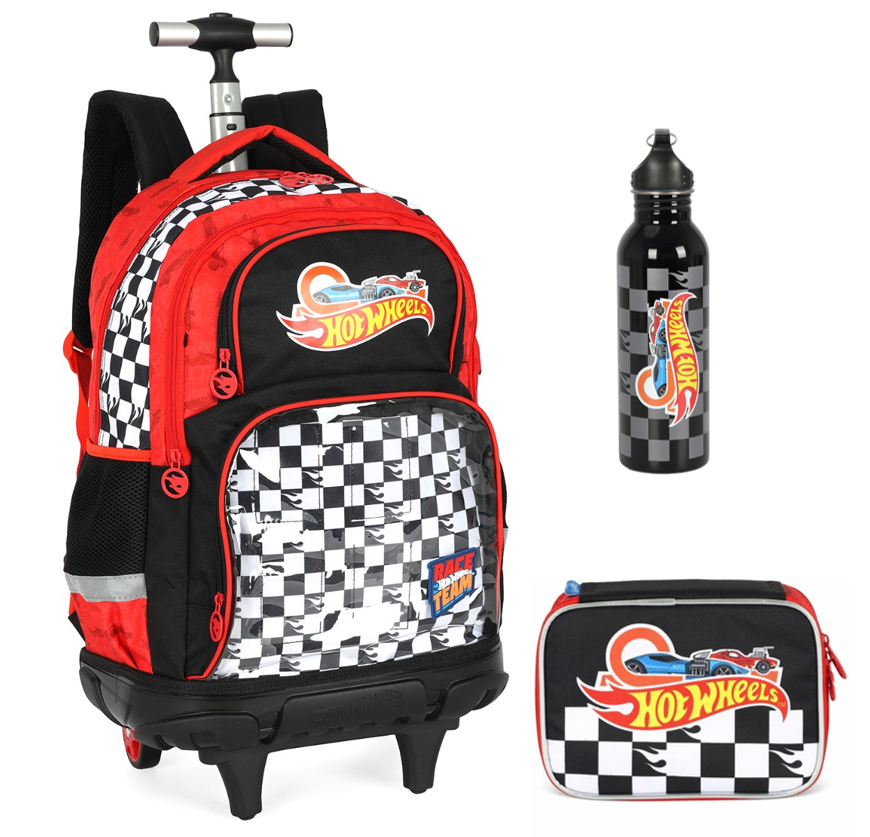 Kit Mochila Infantil Com Rodinhas + Estojo Box + Garrafinha Inóx da Hotwheels Preta e Vermelha