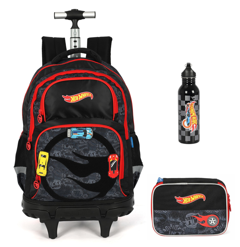 Kit Mochila Infantil Com Rodinhas + Estojo Box + Garrafinha do Hotwheels Preto
