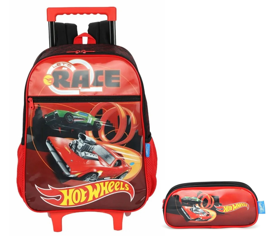 Kit Mochila Infantil Com Rodinhas + Estojo Simples do Hotwheels Race Preta e Vermelha