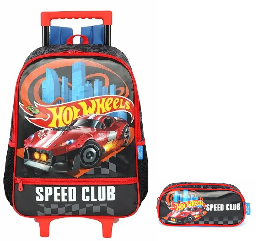 Kit Mochila Infantil Com Rodinhas + Estojo Simples do Hotwheels Speed Club