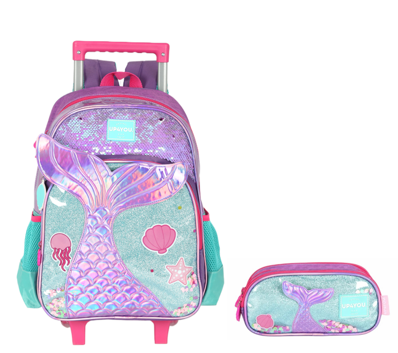 Kit Mochila Infantil Com Rodinhas + Estojo Triplo Roxo da Sereia C/ Paetê