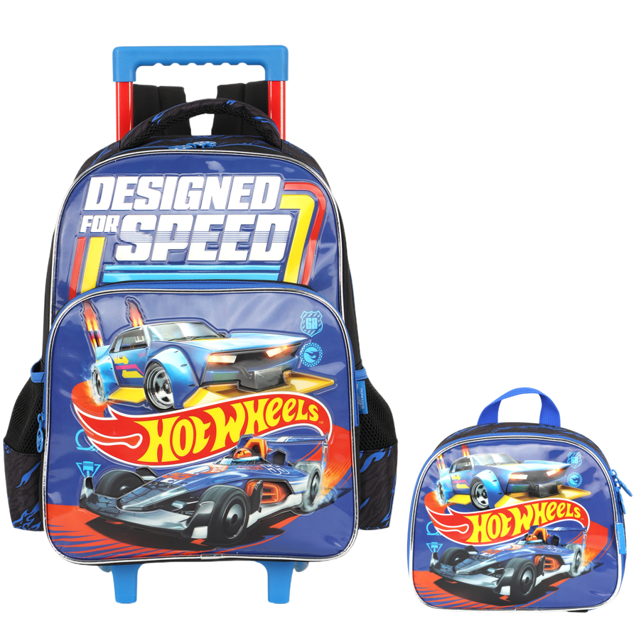 Kit Mochila Infantil Com Rodinhas + Lancheira Hotwheels Preta e Azul