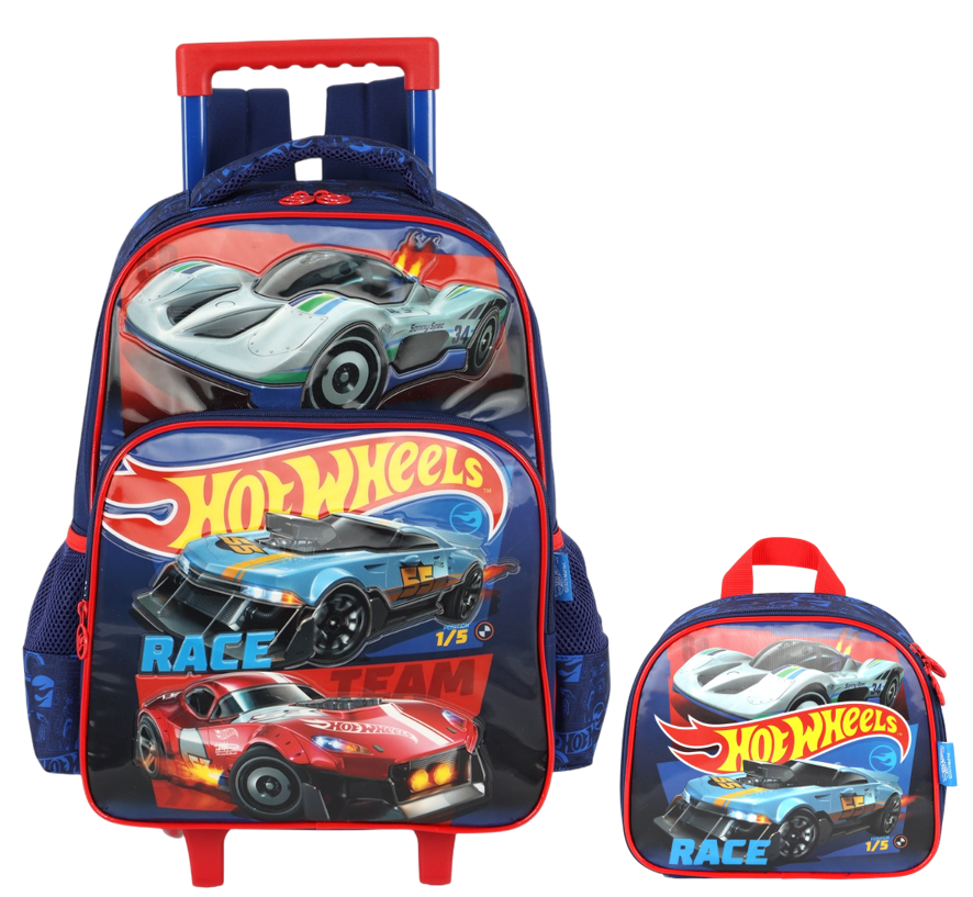 Kit Mochila Infantil Com Rodinhas + Lancheira Hotwheels Azul e Vermelha