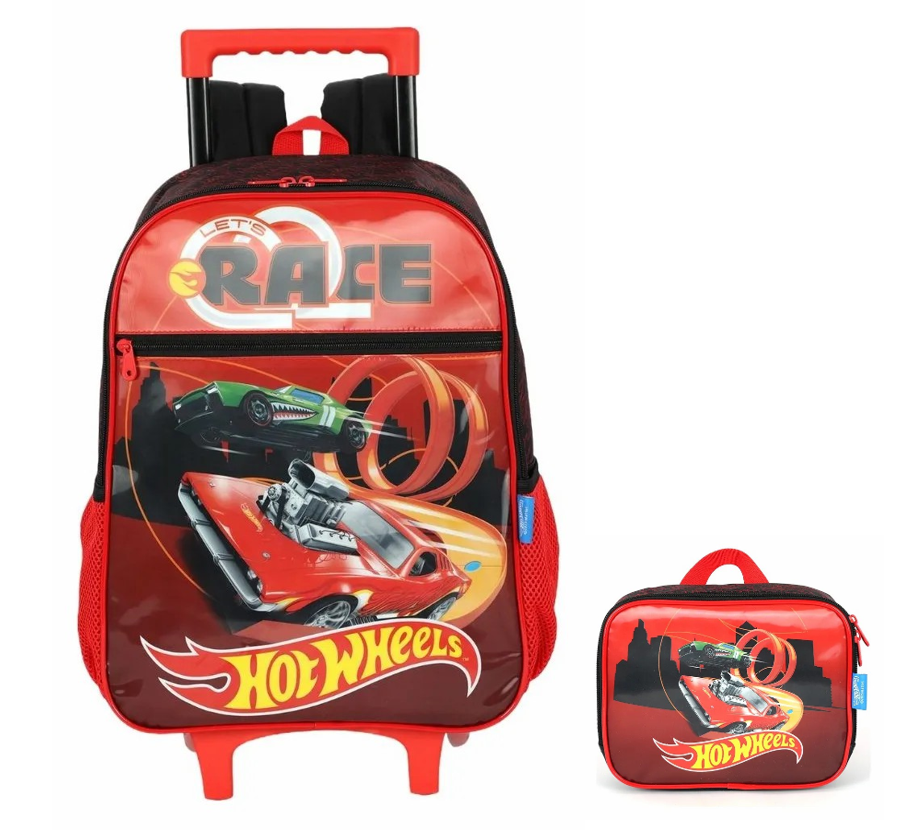 Kit Mochila Infantil Com Rodinhas + Lancheira Térmica do Hotwheels Race Preta e Vermelha