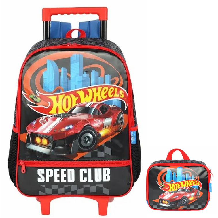 Kit Mochila Infantil Com Rodinhas + Lancheira Térmica do Hotwheels Speed Club